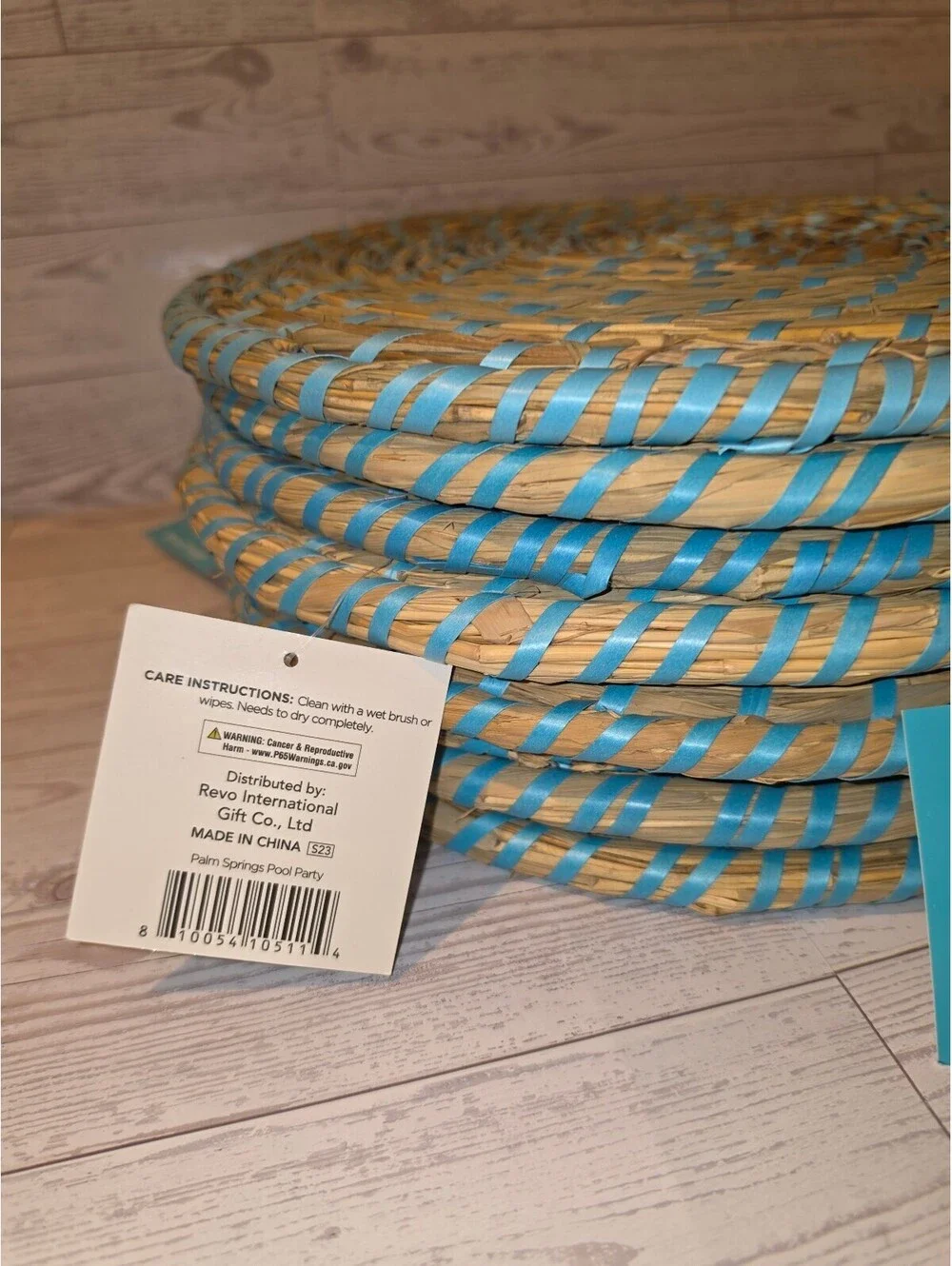 Palm Springs Pool Party Set of 8 Round Woven Placemats Blue Natural Boho
